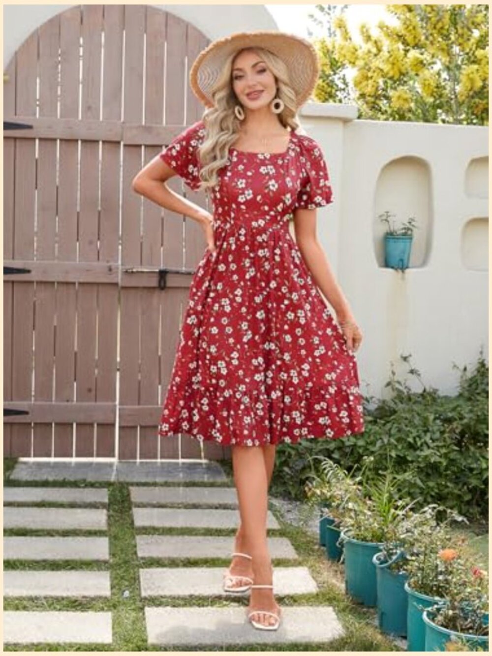 Square Neck Puff Sleeve A Line Midi Dress with Pockets - Picture 5 of 7